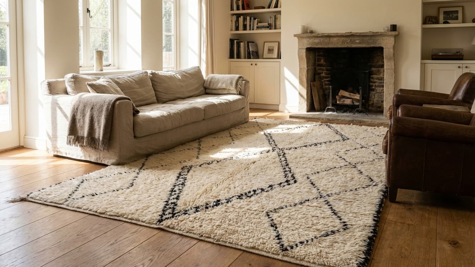 Alfombra Marroquí Hecha a Mano Lana 7x4 - Marfil Negro Diamante Minimalista Alfombra Boho para Sala y Dormitorio Beni Ourain