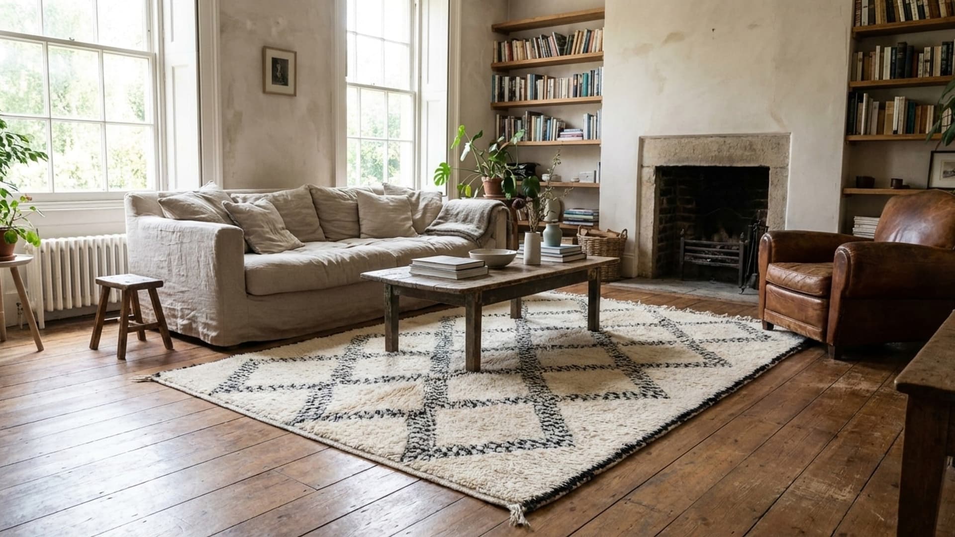 Alfombra Marroquí Hecha a Mano de Lana 10x6 - Alfombra de Área Boho en Negro y Marfil para Sala de Estar y Dormitorio - Beni Ourain