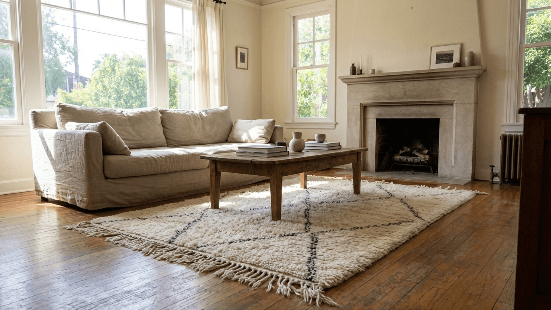 Marokkanischer Teppich Handgefertigt Wolle 4x3 - Ivory Neutral Minimalist Boho Teppich für Schlafzimmer oder Eingangsbereich Beni Ourain