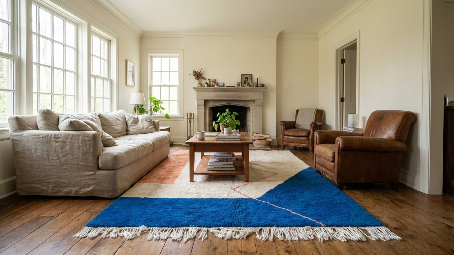 Marokkanischer Teppich Mrirt 5x8 Wolle Elfenbein Weiß Kobalt Blau Blush Pink Pfirsich Minimalistisch Wohnzimmer Berber