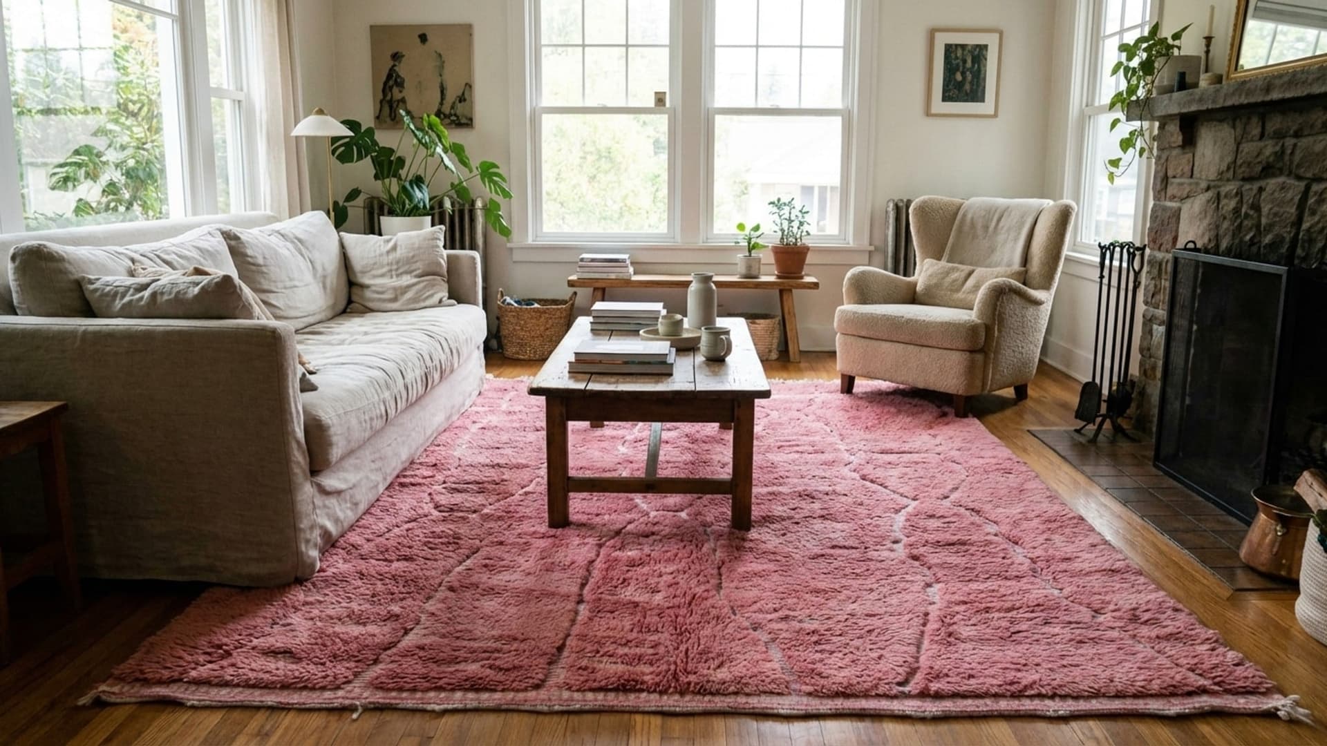 Marokkolainen Matto Käsintehty Villa 7x10 - Haalean Ruusunpunainen Minimalistinen Boho Alue Matto Olohuoneeseen Makuuhuoneeseen - Mrirt