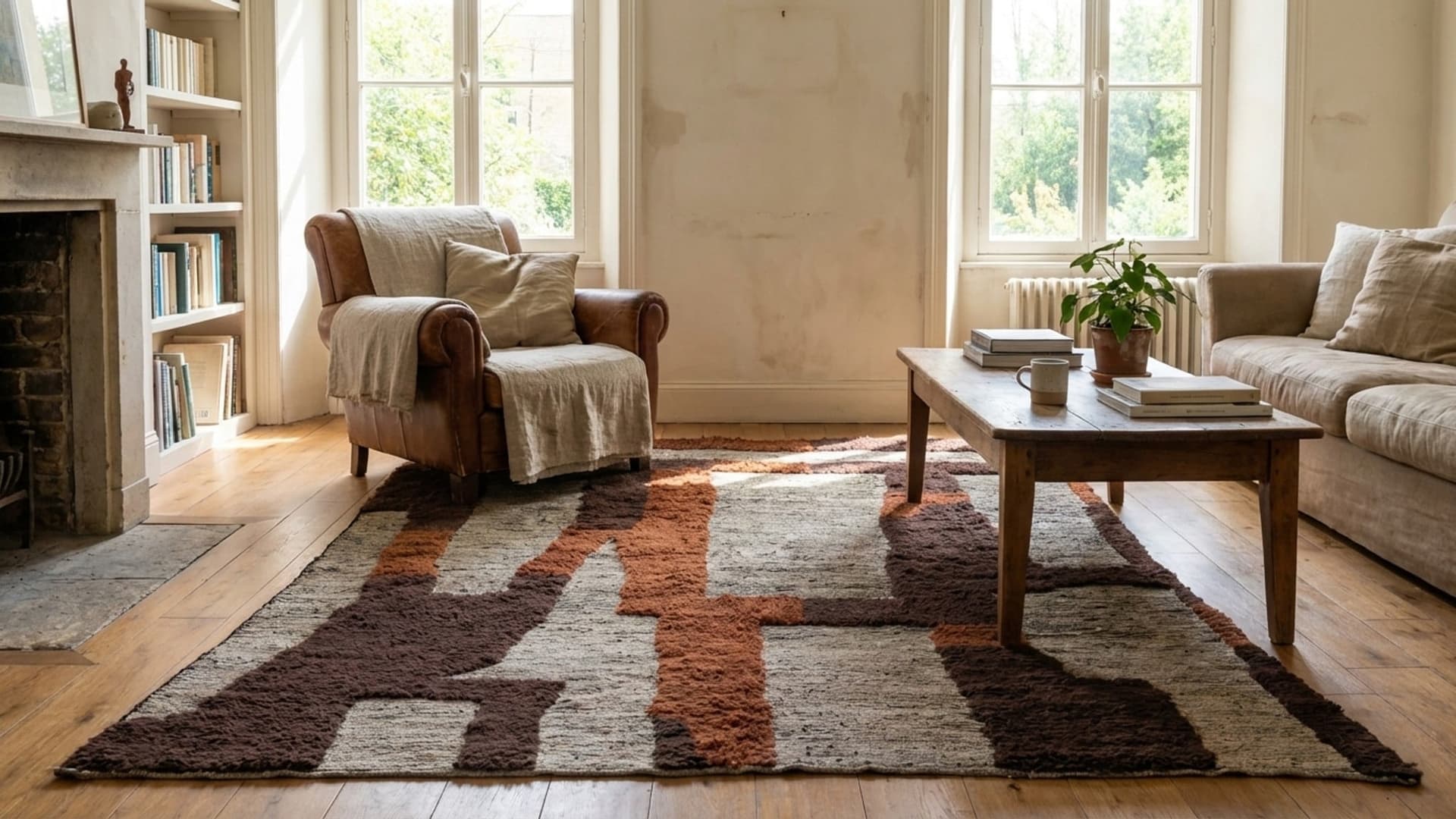 سجادة مغربية مصنوعة يدويًا من الصوف 7x10 - بني محايد وحديثة لمنطقة المعيشة أو غرفة النوم - أصيلة من نوع Mrirt Berber