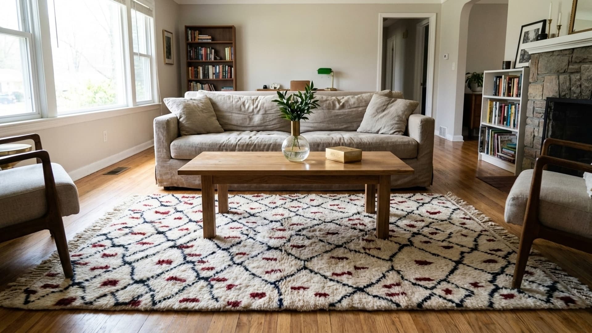 Alfombra Marroquí Beni Ourain 5x8 Lana Crema Blanca Negra Burdeos Boho Sala de Estar Berber