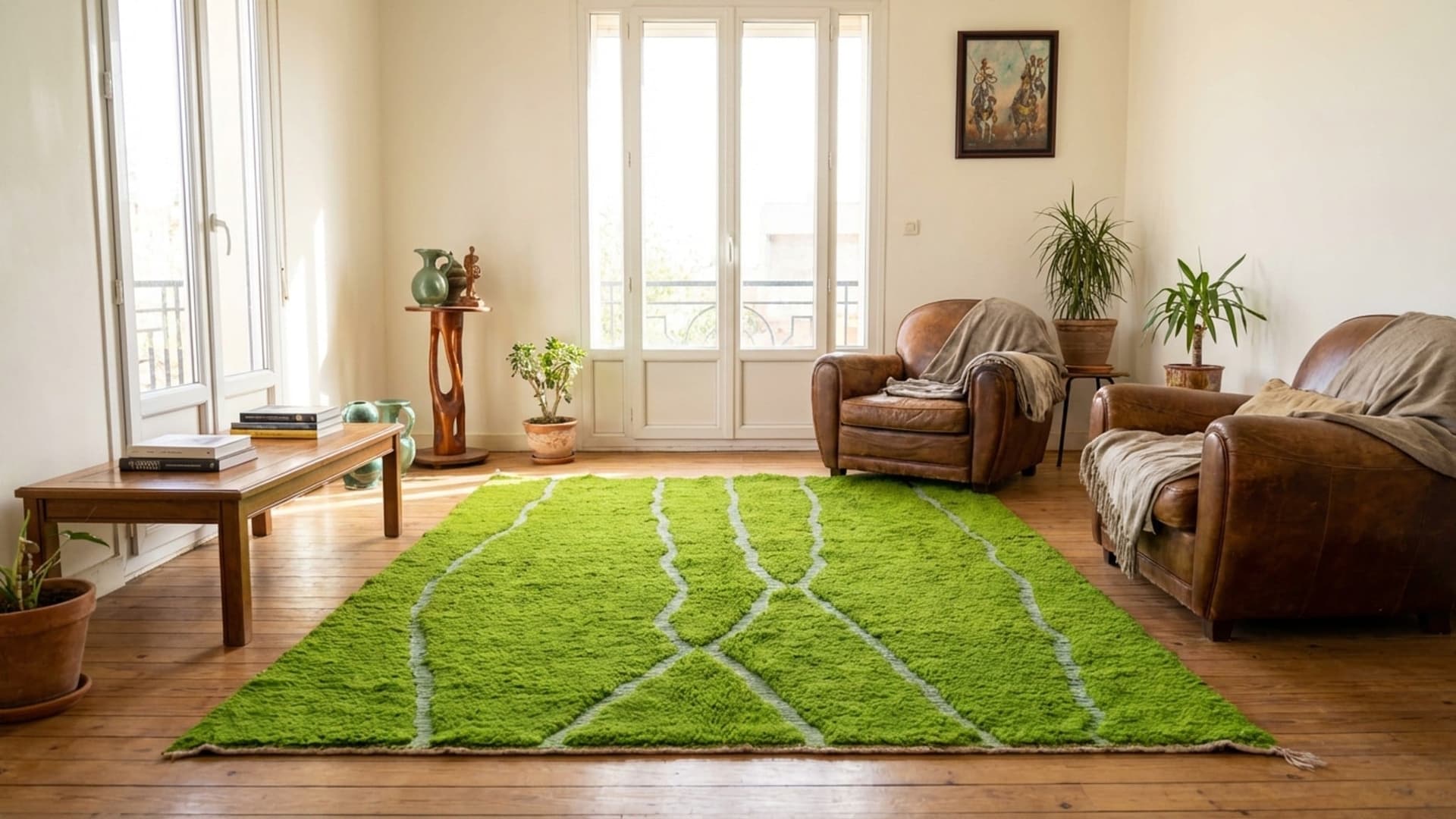 Alfombra Marroquí Hecha a Mano de Lana 7x10 - Alfombra Moderna Minimalista Verde para Sala de Estar y Dormitorio - Mrirt