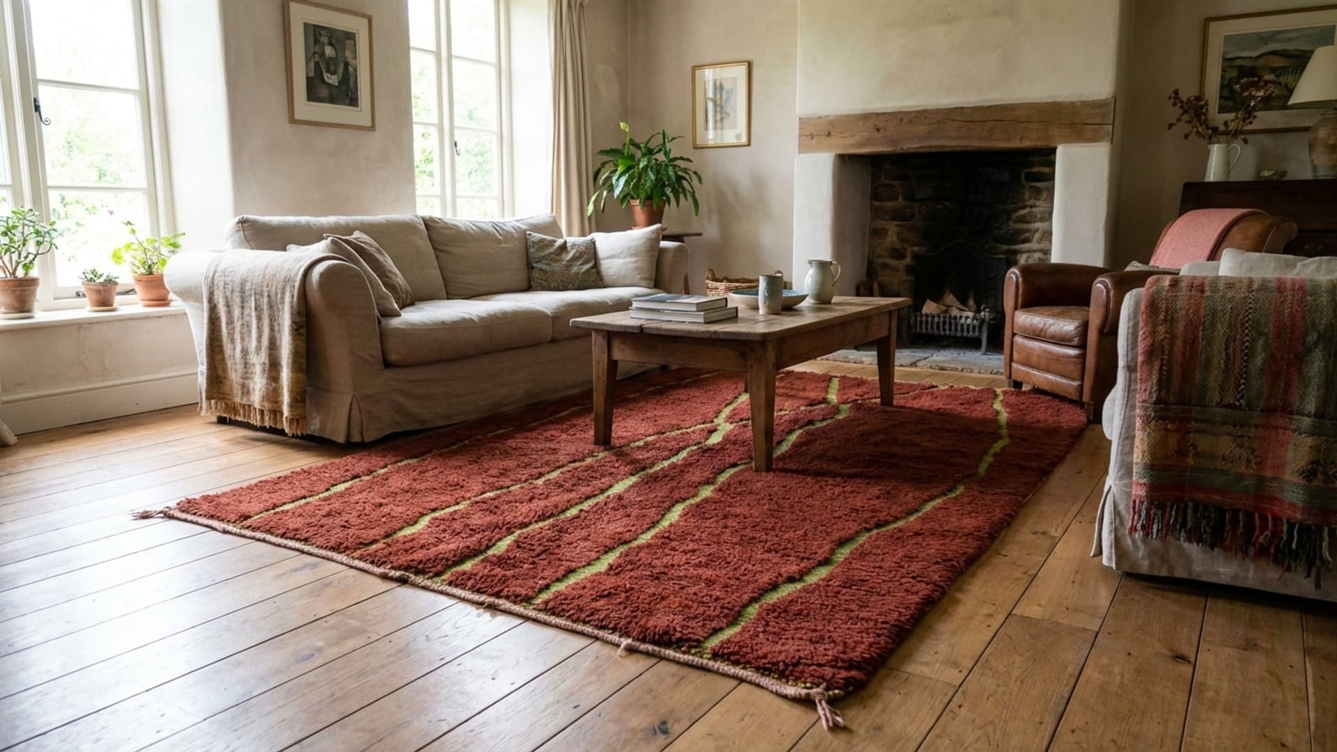 سجادة مغربية مصنوعة يدويًا من الصوف 7x10 - سجادة بوهو عصرية باللون الأحمر الصدئ مع خطوط خضراء لغرفة المعيشة وغرفة النوم - مريزت