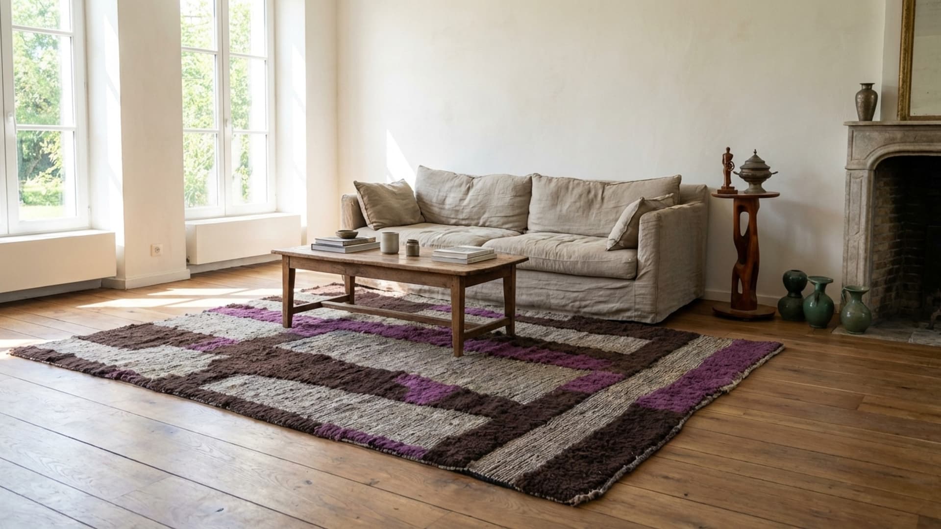 Marokkolainen matto käsintehty villa 7x10 - Neutraali harmaa ruskea violetti moderni boho alue matto olohuoneeseen makuuhuoneeseen - Mrirt