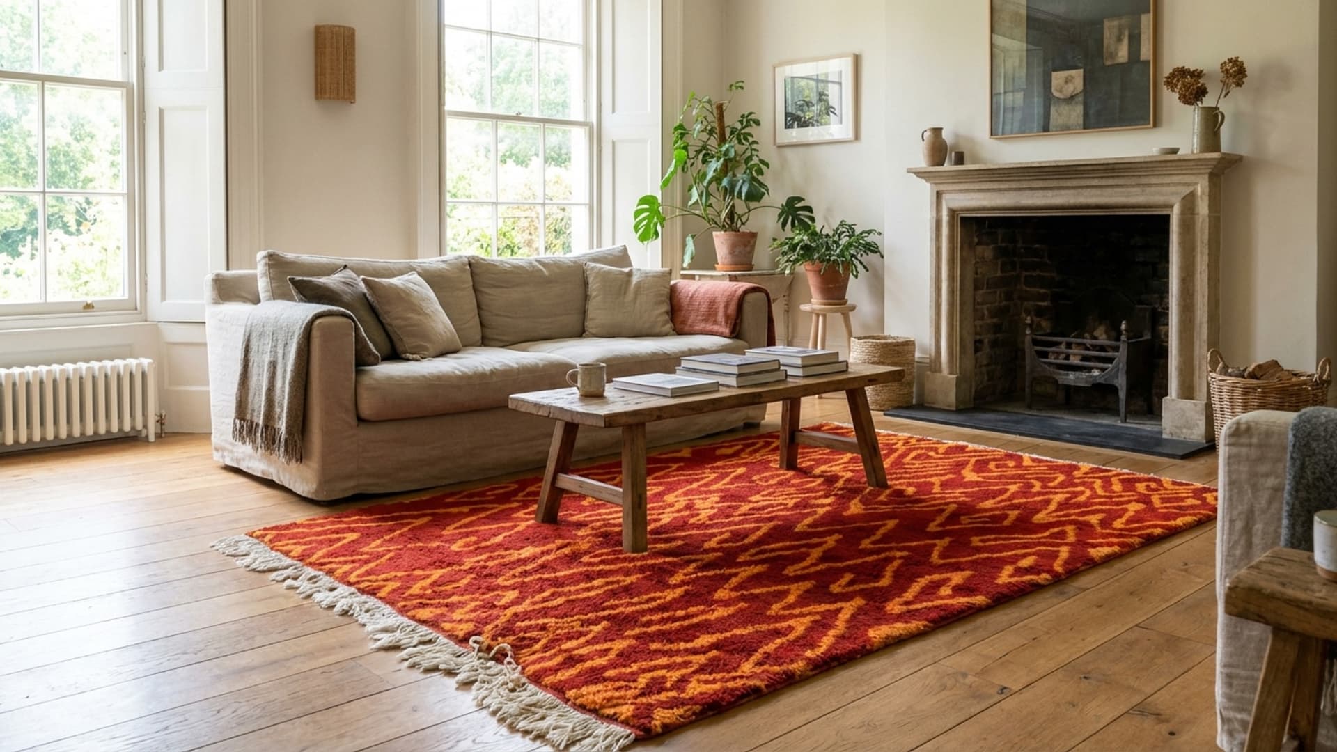 Alfombra Marroquí Hecha a Mano de Lana 8x10 - Alfombra Moderna Boho Rojo Óxido Naranja para Sala de Estar y Dormitorio Berber