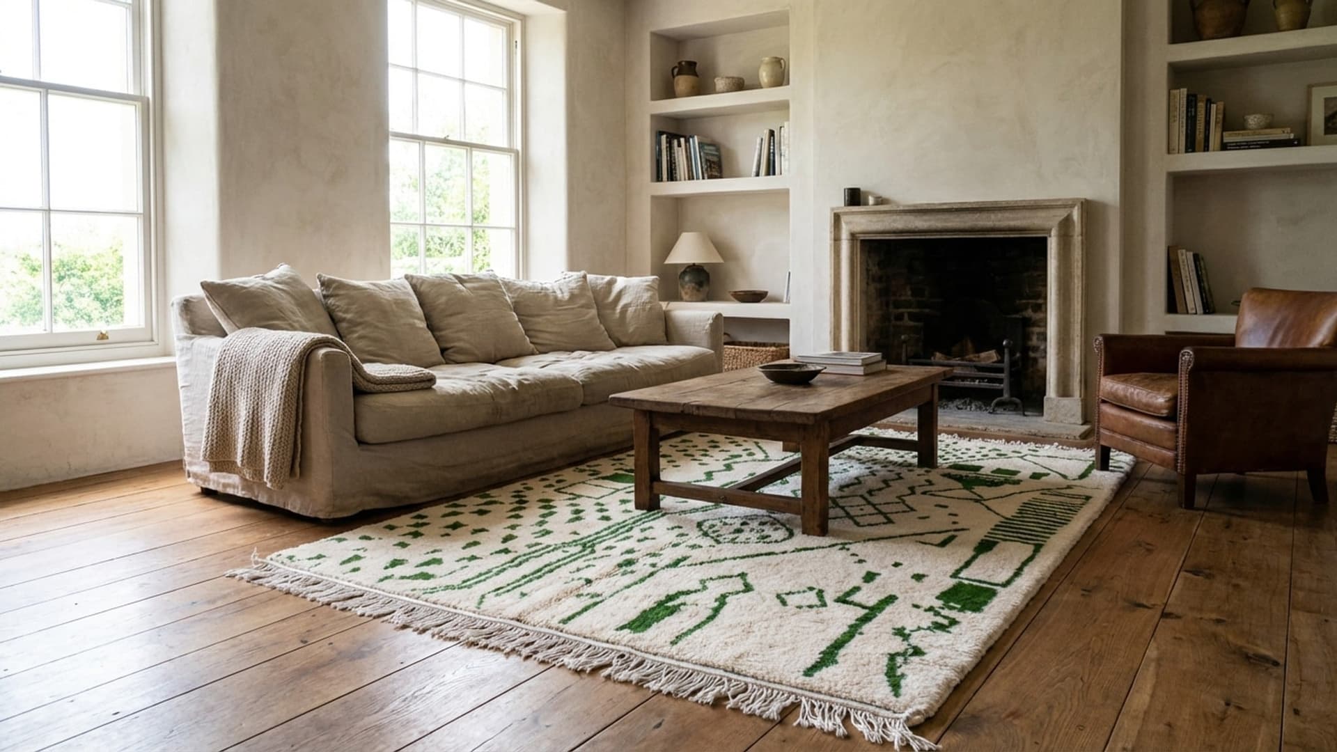 Marockansk Matta Handgjord Ull 8x10 - Elfenben Grön Abstrakt Boho Matta för Vardagsrum Sovrum