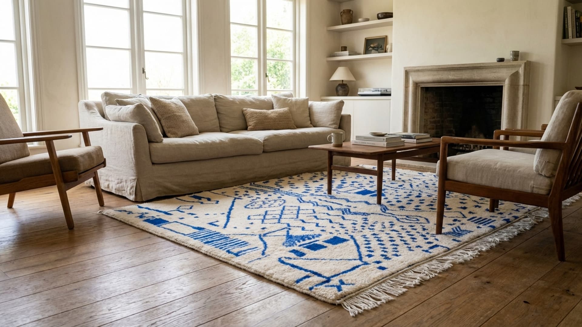 Marockansk Matta Handgjord Ull 8x10 - Elfenben Blå Abstrakt Boho Matta för Vardagsrum Sovrum - Berber