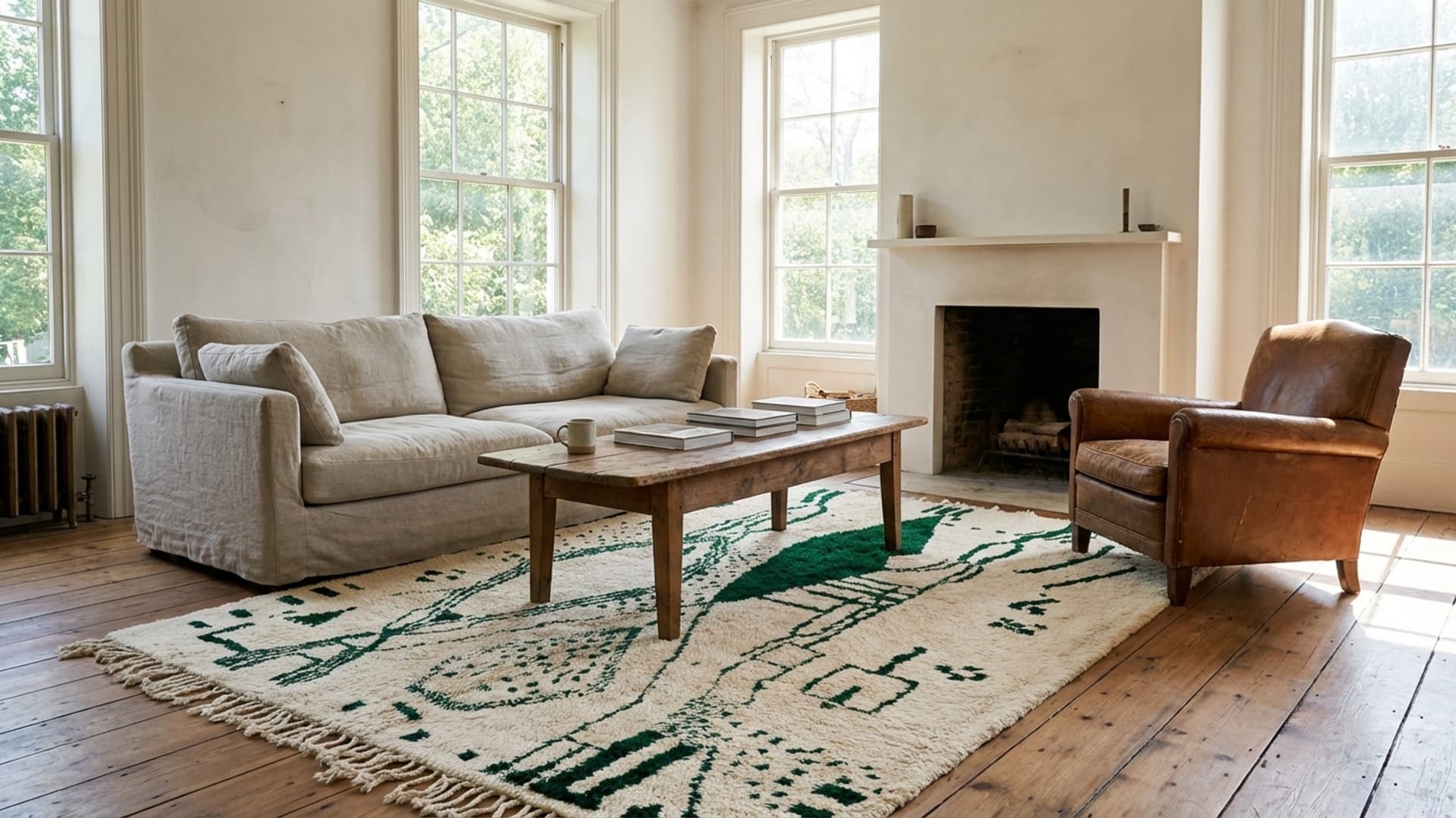 Marockansk Matta Handgjord Ull 8x10 - Ivory Cream Grön Modern Boho Matta för Vardagsrum Sovrum Berber