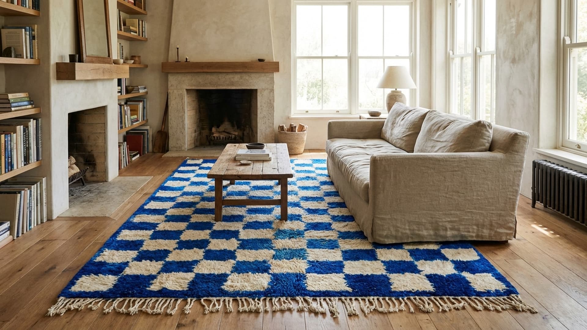 Marokkolainen Käsintehty Villa Matto 8x10 - Sininen Ivory Abstrakti Ruudullinen Alue Matto Olohuoneeseen Makuuhuoneeseen Moderni Boho