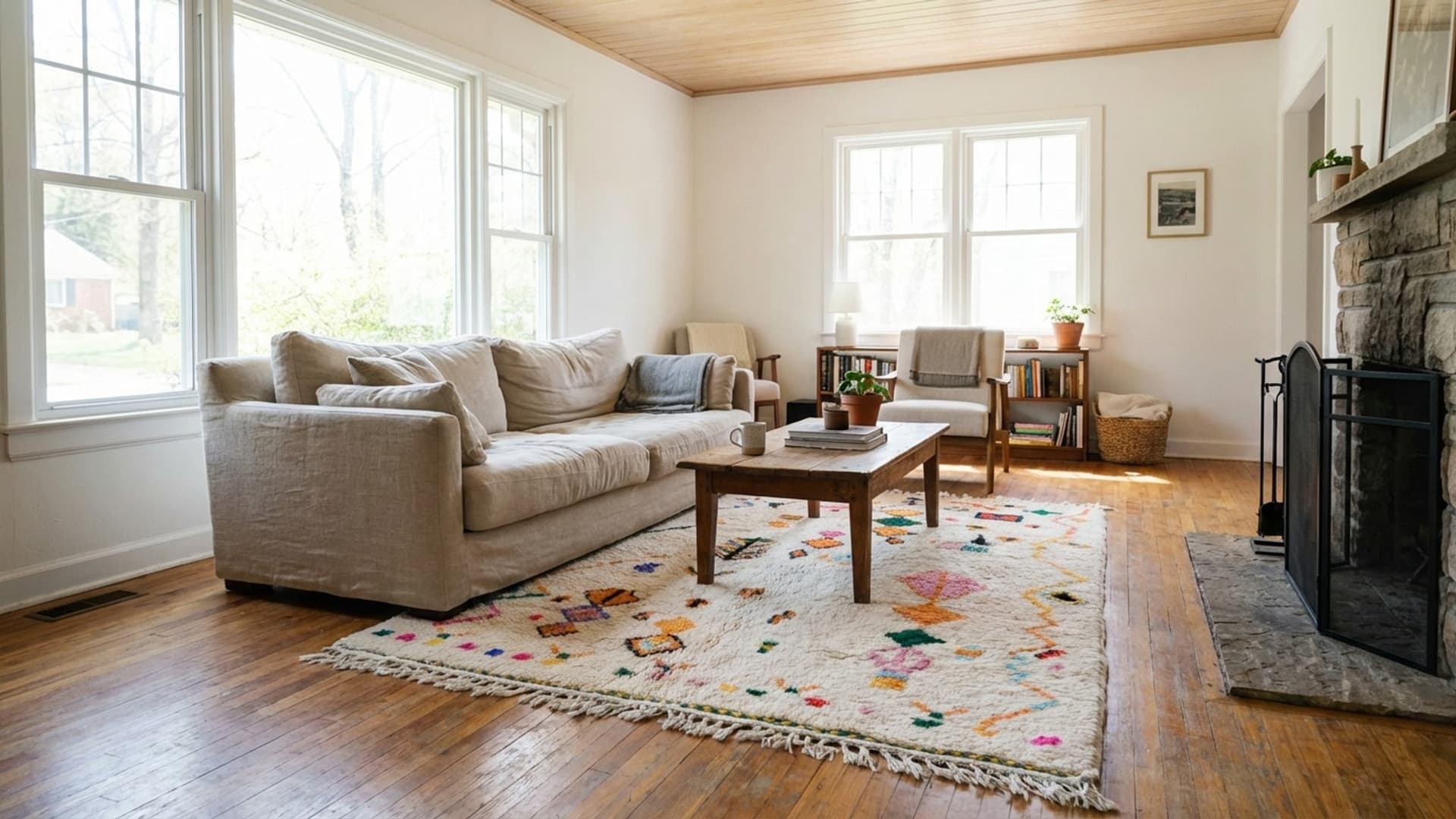 Alfombra Marroquí Hecha a Mano de Lana Tamaño Personalizado - Color Marfil Neutro Colorido Boho Moderno para Sala de Estar Dormitorio Berber