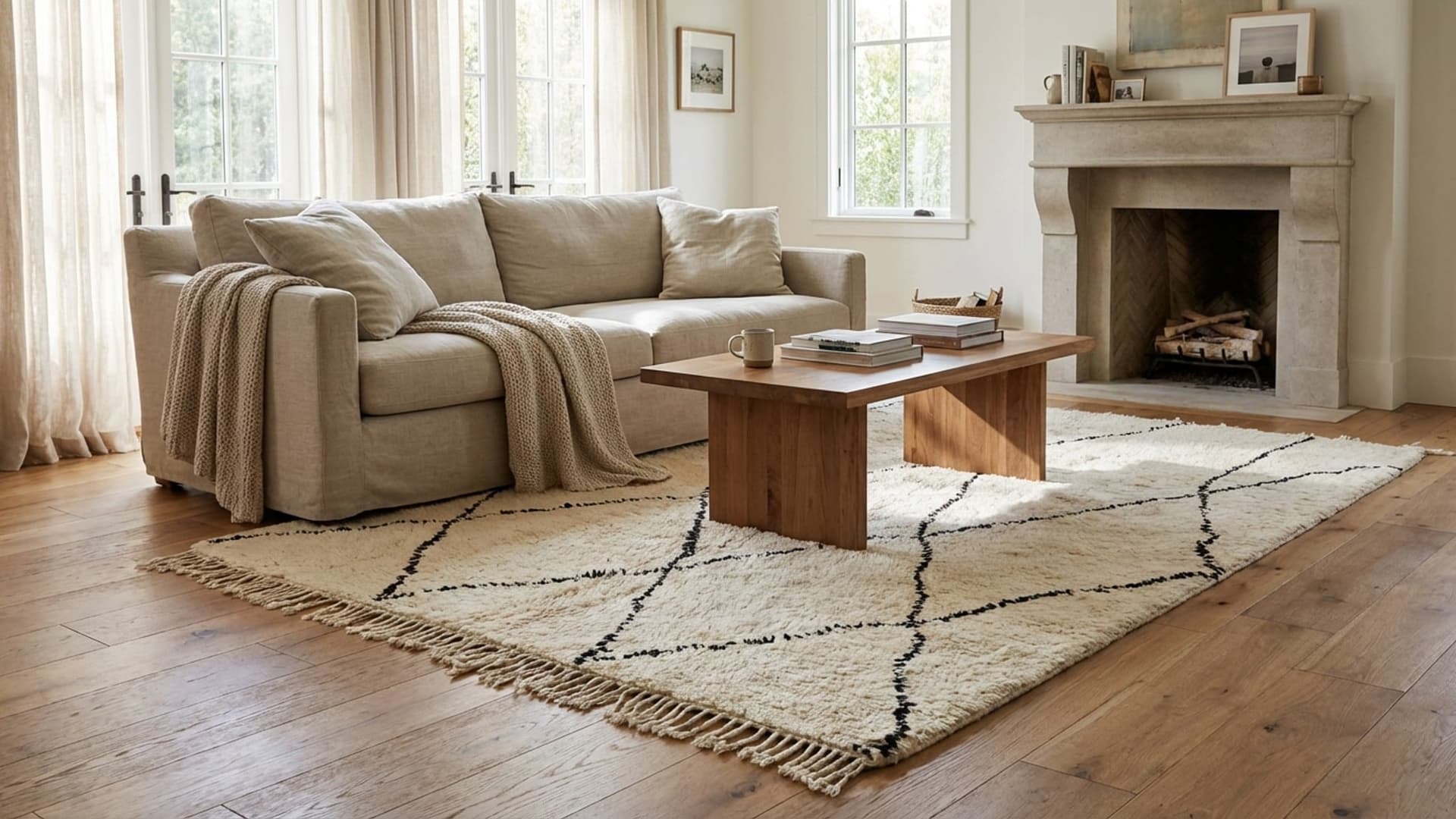 Tapis Marocain Fait Main en Laine 8x10 - Tapis de Zone Minimaliste Ivoire Noir pour Salon Chambre Berbère