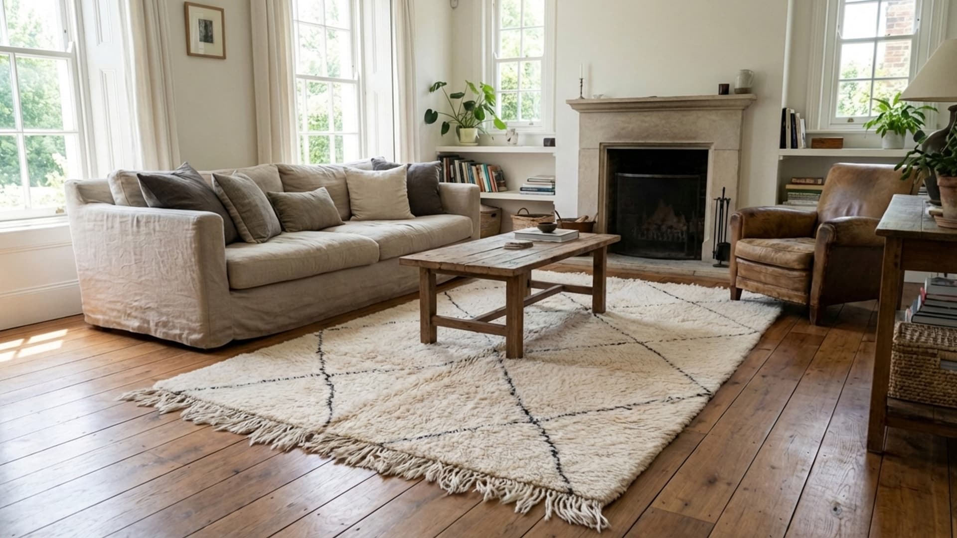 Tapis Marocain Fait Main en Laine 8x10 - Tapis Boho Ivoire Noir Diamant pour Salon Chambre - Beni Ourain