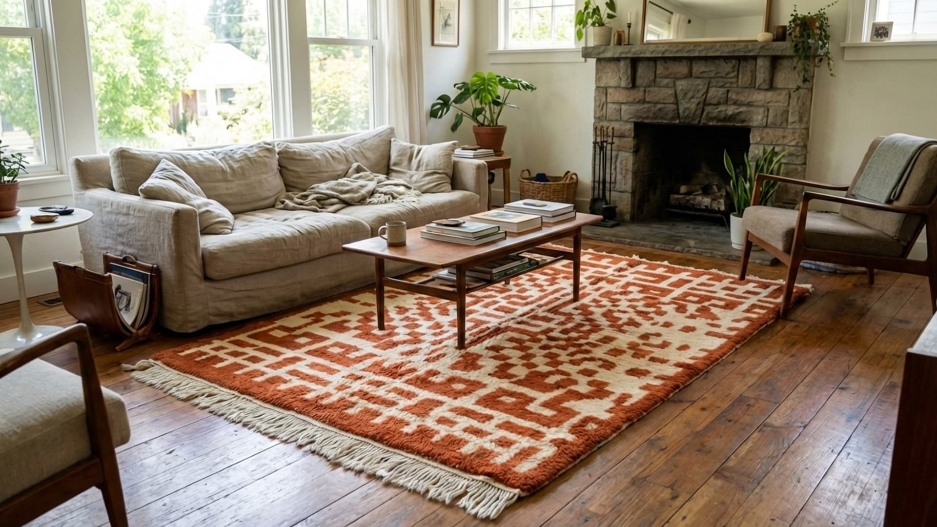Tapis Marocain Fait Main en Laine 8x10 - Tapis Moderne Boho Terracotta Ivoire pour Salon Chambre