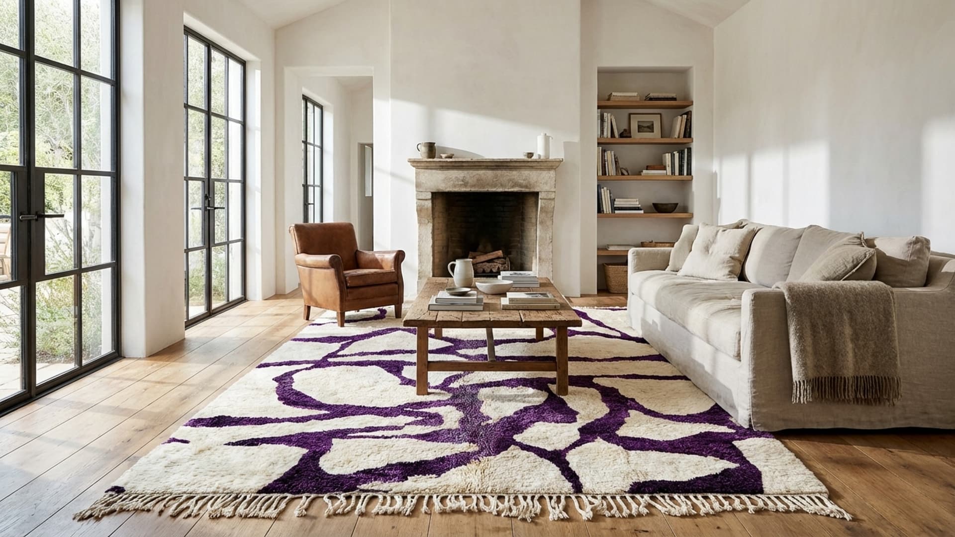 Marockansk Matta Handgjord Ull 7x10 - Elfenben Lila Abstrakt Områdesmatta för Vardagsrum, Modern Boho Sovrumsmatta