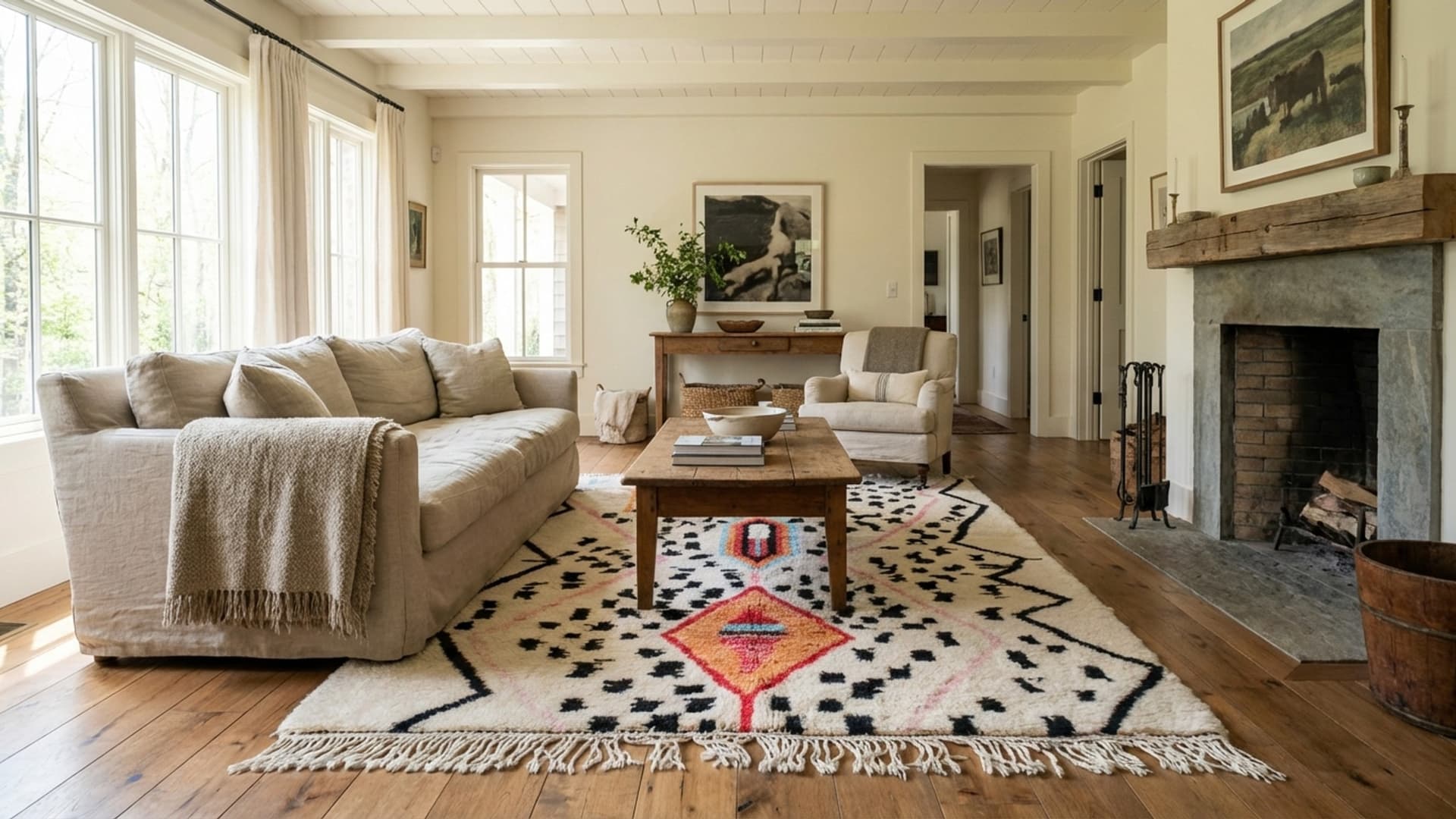 Moroccan Rug Handmade Wool 6x9 - Ivory Black White Modern Boho Area Rug for Living Room Bedroom Berber