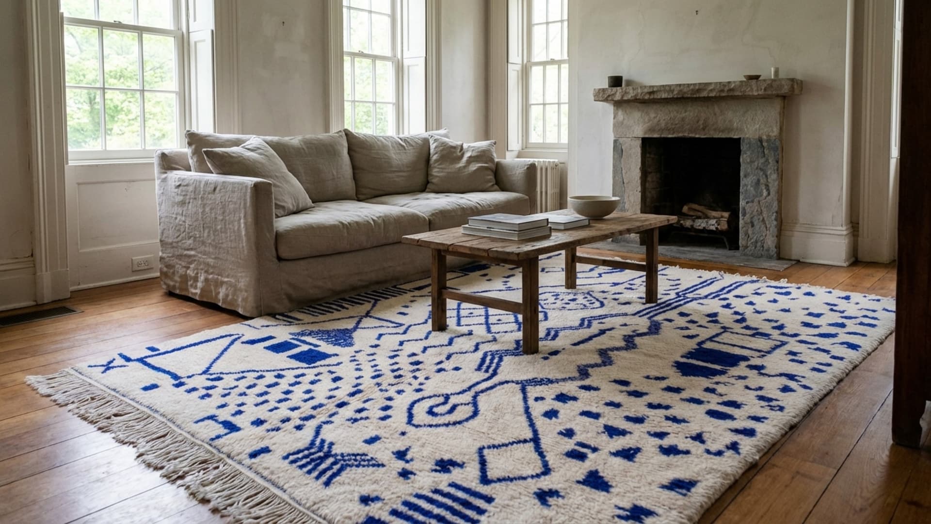 Alfombra Marroquí Hecha a Mano de Lana 7x10 - Alfombra Moderna Boho en Marfil Azul para Sala de Estar y Dormitorio - Berber