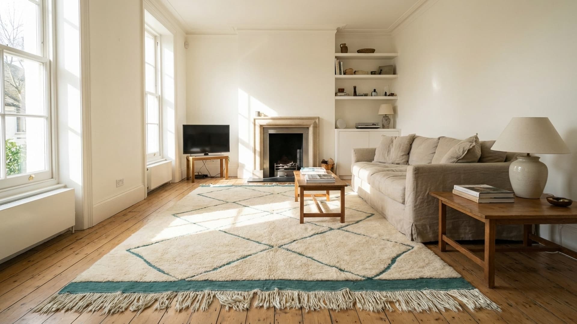 سجادة مغربية مصنوعة يدويًا من الصوف 7x10 - سجادة بوهو عصرية بلون العاج المحايد والأخضر بتصميم ماسي لغرفة المعيشة أو غرفة النوم