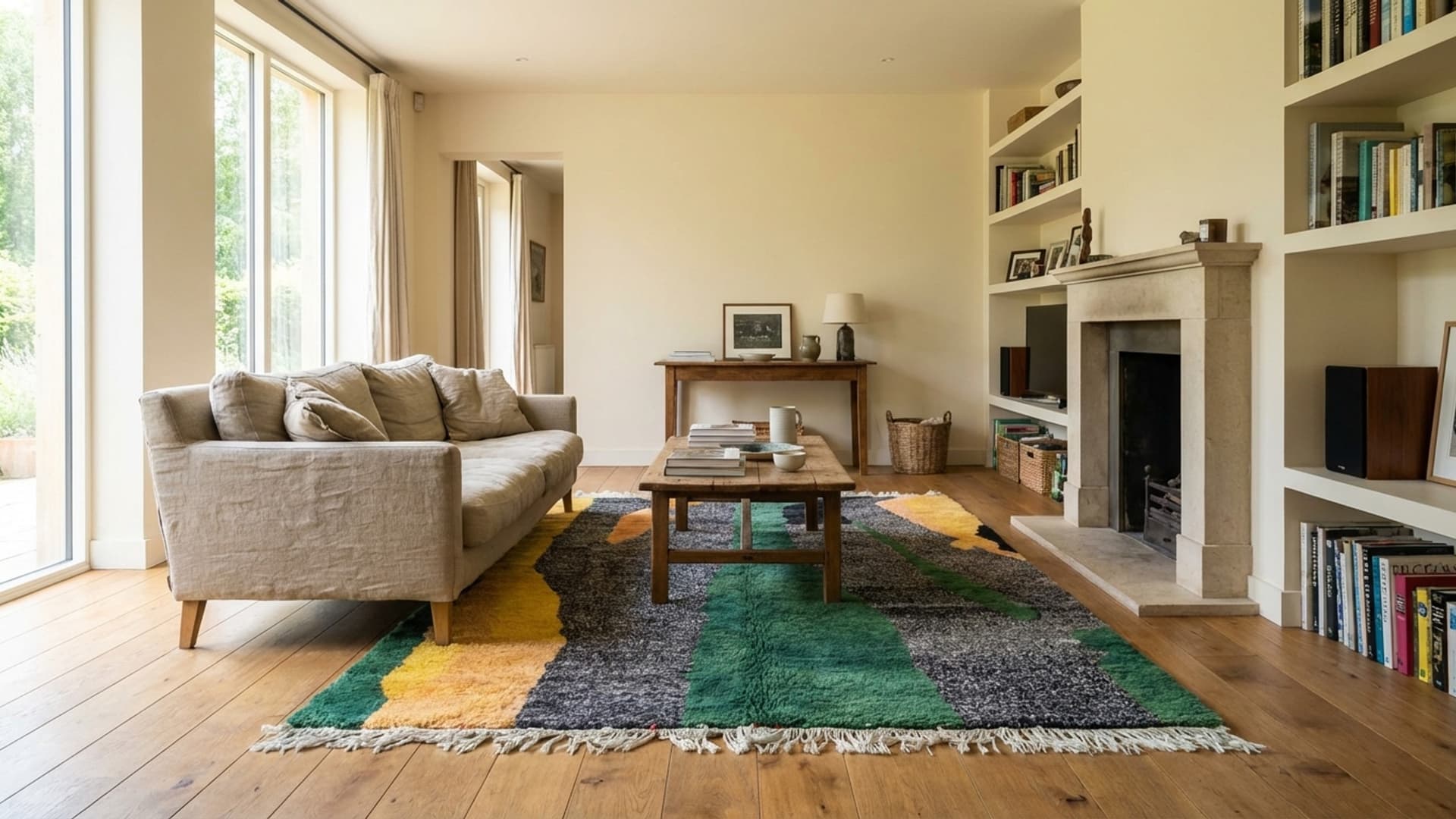 سجادة مغربية مصنوعة يدويًا من الصوف 6x9 - سجادة بوهو عصرية باللون الأخضر والفحم والأصفر لغرفة المعيشة أو غرفة النوم