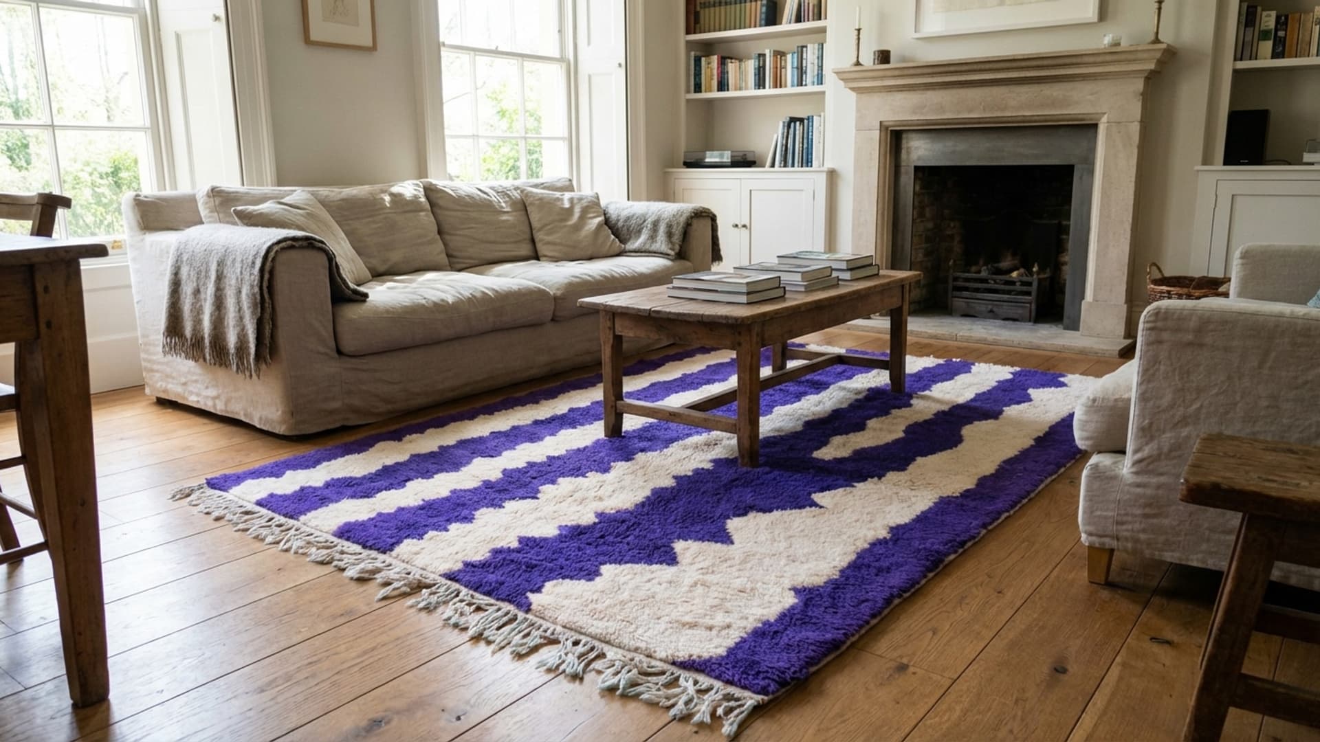 Marokkanischer Teppich Handgefertigt Wolle 7x10 - Lila Elfenbein Abstrakter Boho Teppich für Wohnzimmer Schlafzimmer - Berber