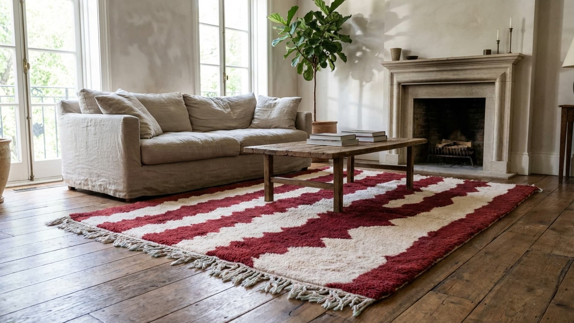 Marokkolainen Matto Käsintehty Villa 7x10 - Burgundinpunainen & Ivory Abstrakti Alue Matto Olohuoneeseen, Moderni Boho Makuuhuoneen Matto