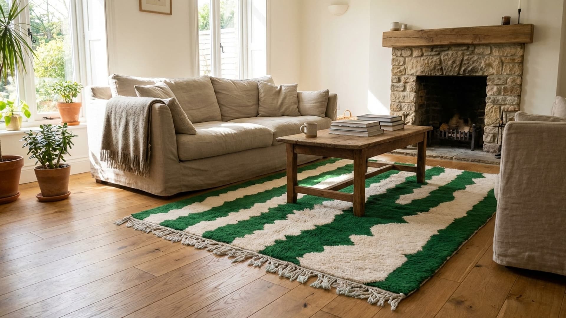 Tapis marocain fait main en laine 7x10 - Vert Ivoire Tapis abstrait pour salon, Tapis de chambre moderne Boho Berbère