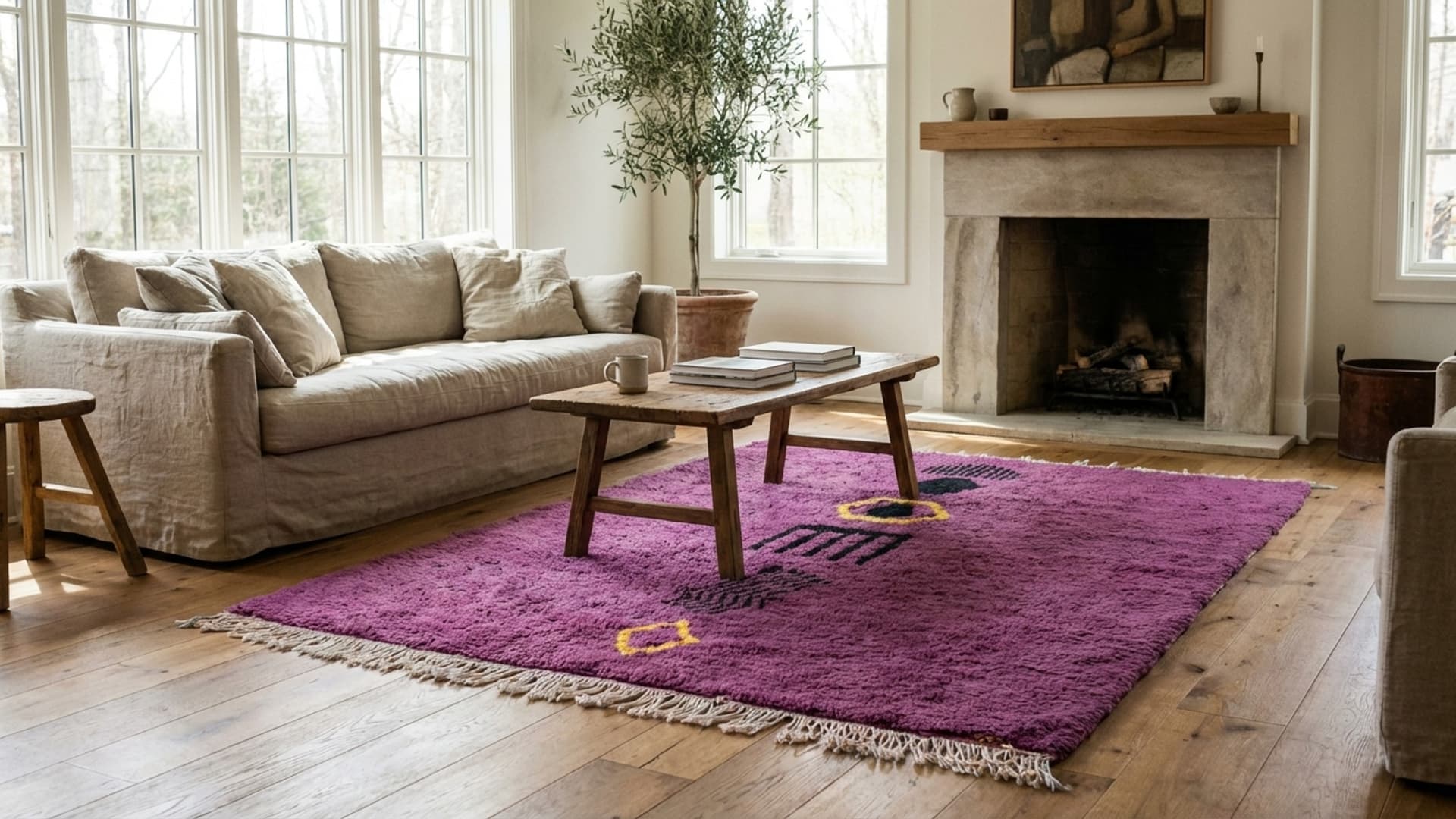 Marockansk Matta Handgjord Ull 8x10 - Lila Boho Modern Område Matta för Vardagsrum Sovrum - Berber Matta