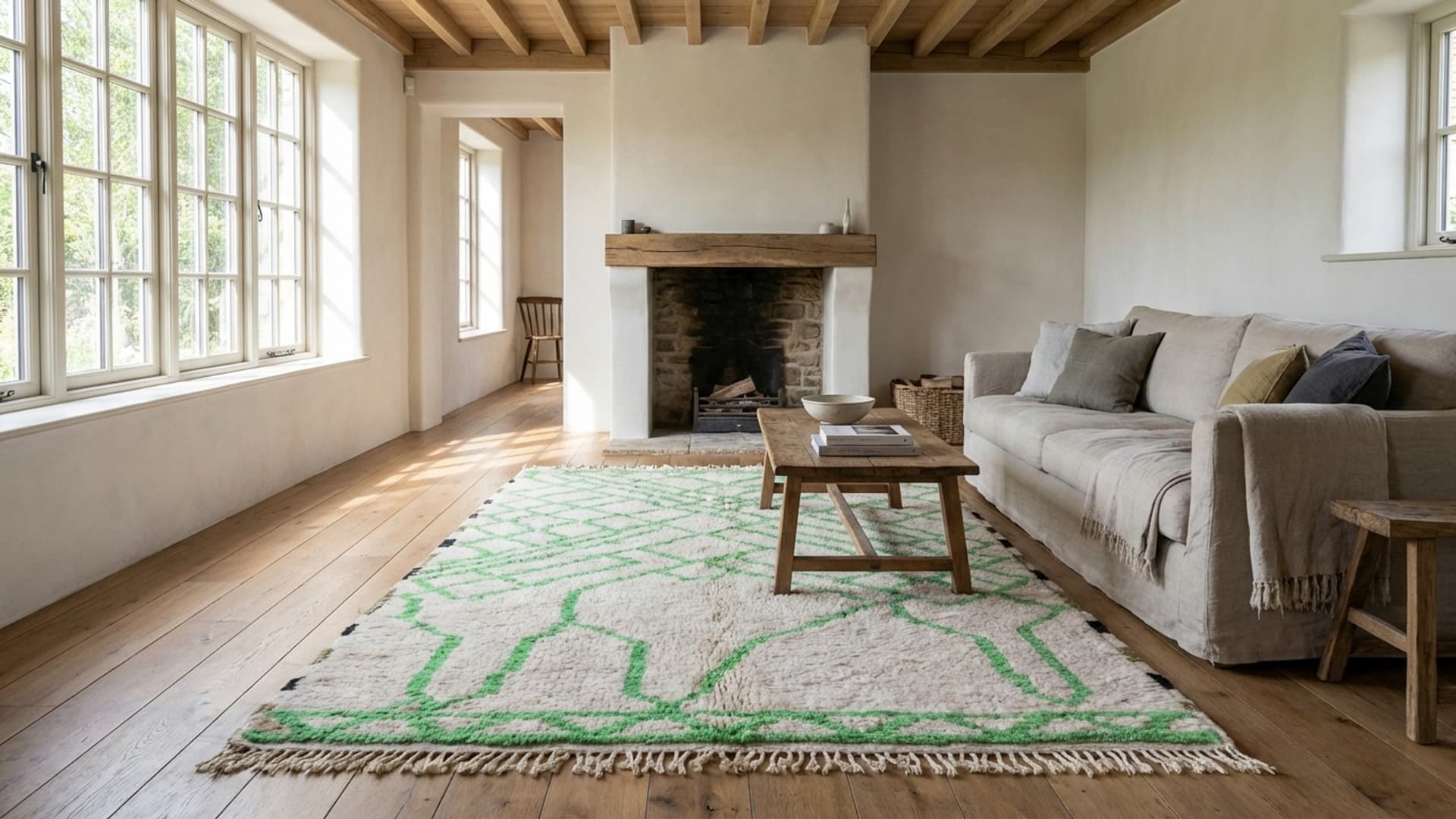 Marokkanischer Teppich Handgefertigt Wolle 7x10 - Ivory Grün Abstrakter Boho Teppich für Wohnzimmer Schlafzimmer - Berber