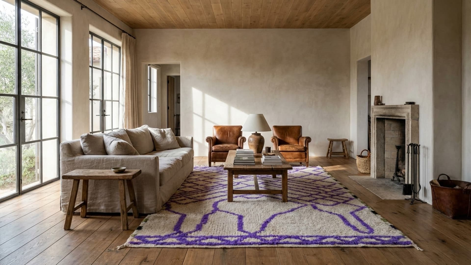 Moroccan Rug Handmade Wool 7x10 - Ivory Purple Abstract Area Rug, Modern Boho Living Room Rug, Berber Style