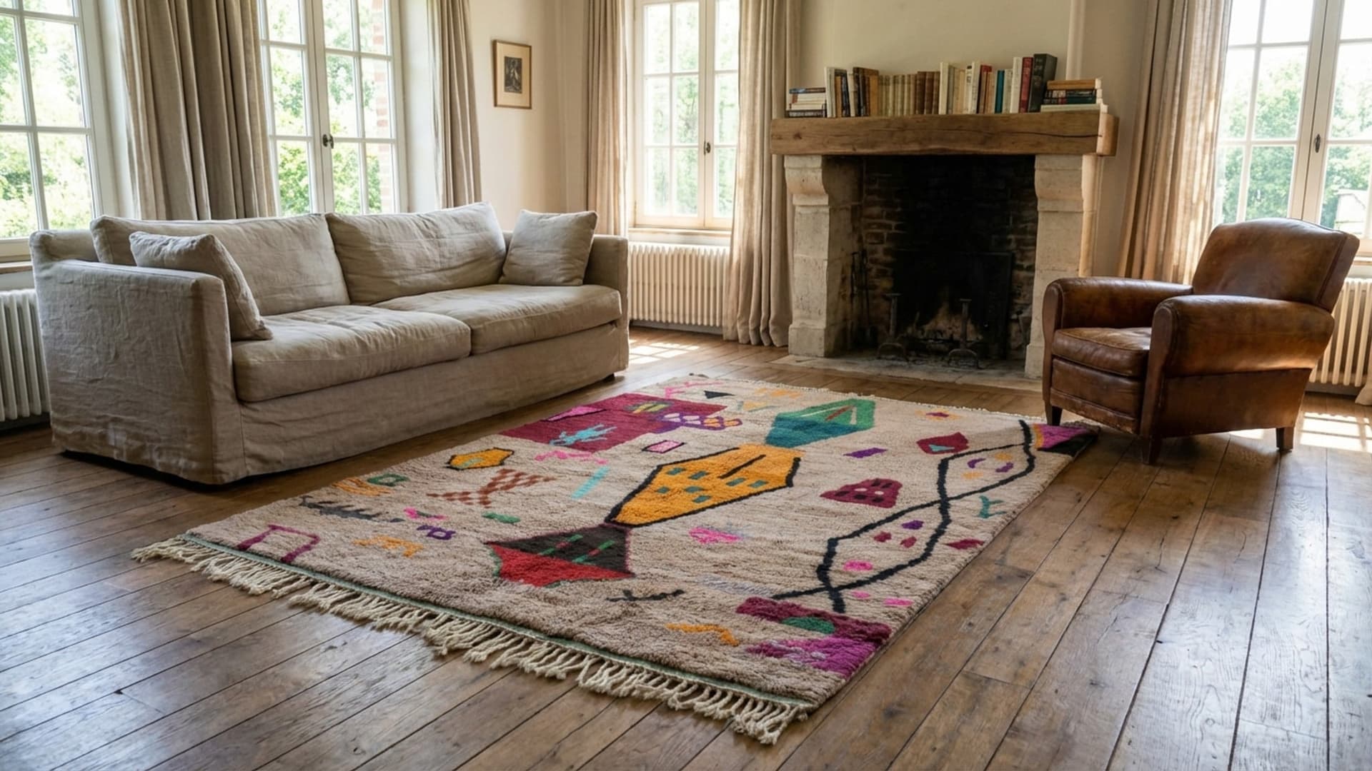 Marockansk Matta Handgjord Ull 6x9 - Neutral Abstrakt Färgglad Boho Matta för Vardagsrum Sovrum