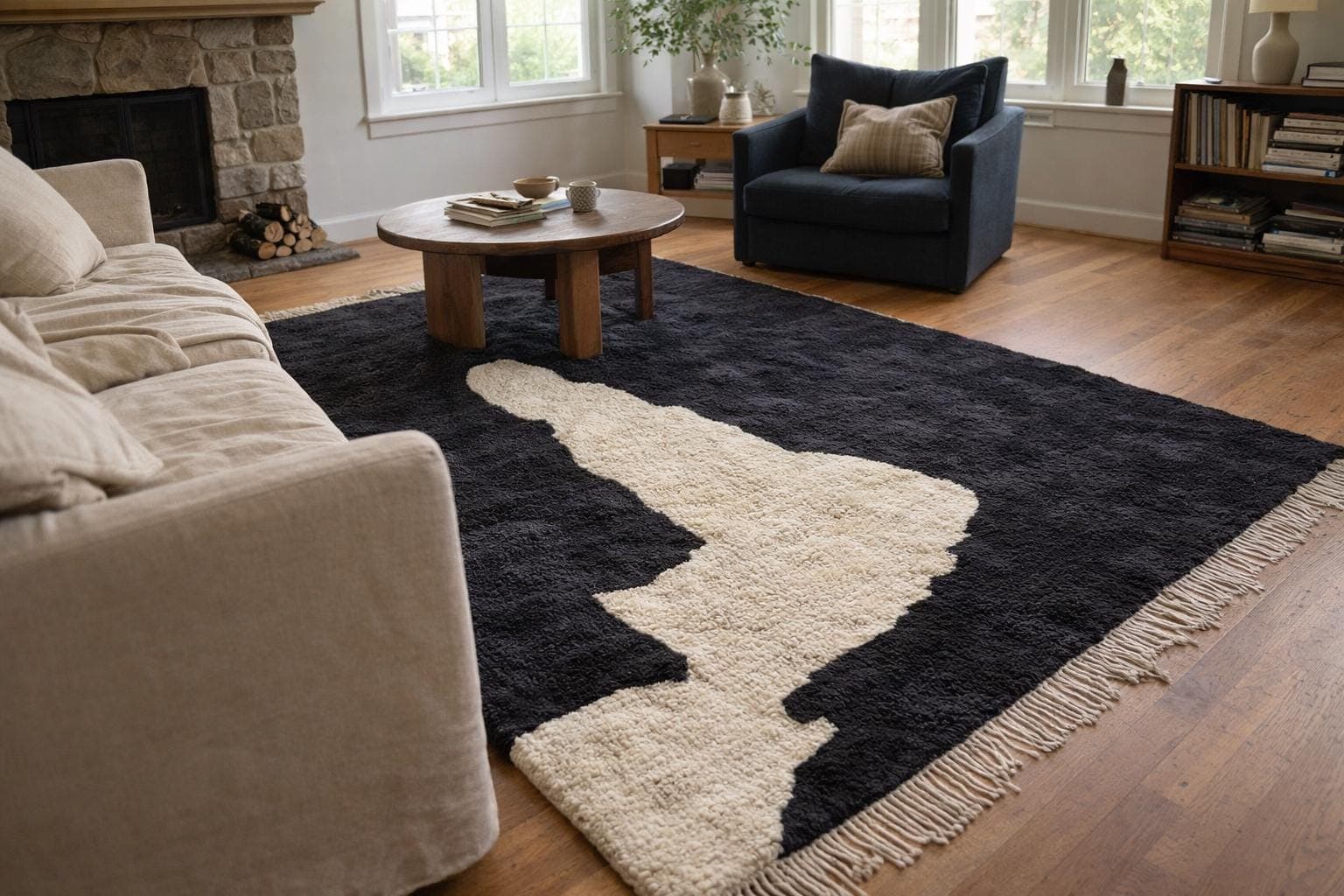 Marokkanischer Teppich handgewebt Wolle Maßanfertigung - Schwarz Ivory Minimalist Boho Teppich für Wohnzimmer Schlafzimmer - Mrirt