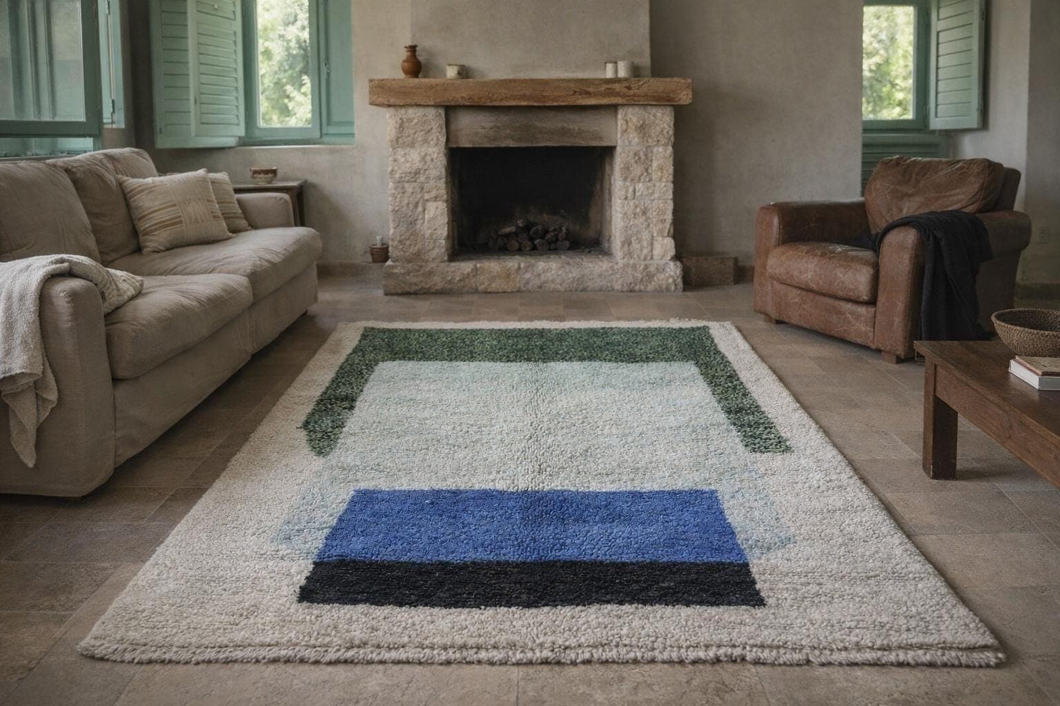 Marokkolainen Matto Käsintehty Villa Mukautettu Koko - Ivory Sininen Vihreä Moderni Boho Alue Matto Olohuoneeseen Makuuhuoneeseen - Mrirt