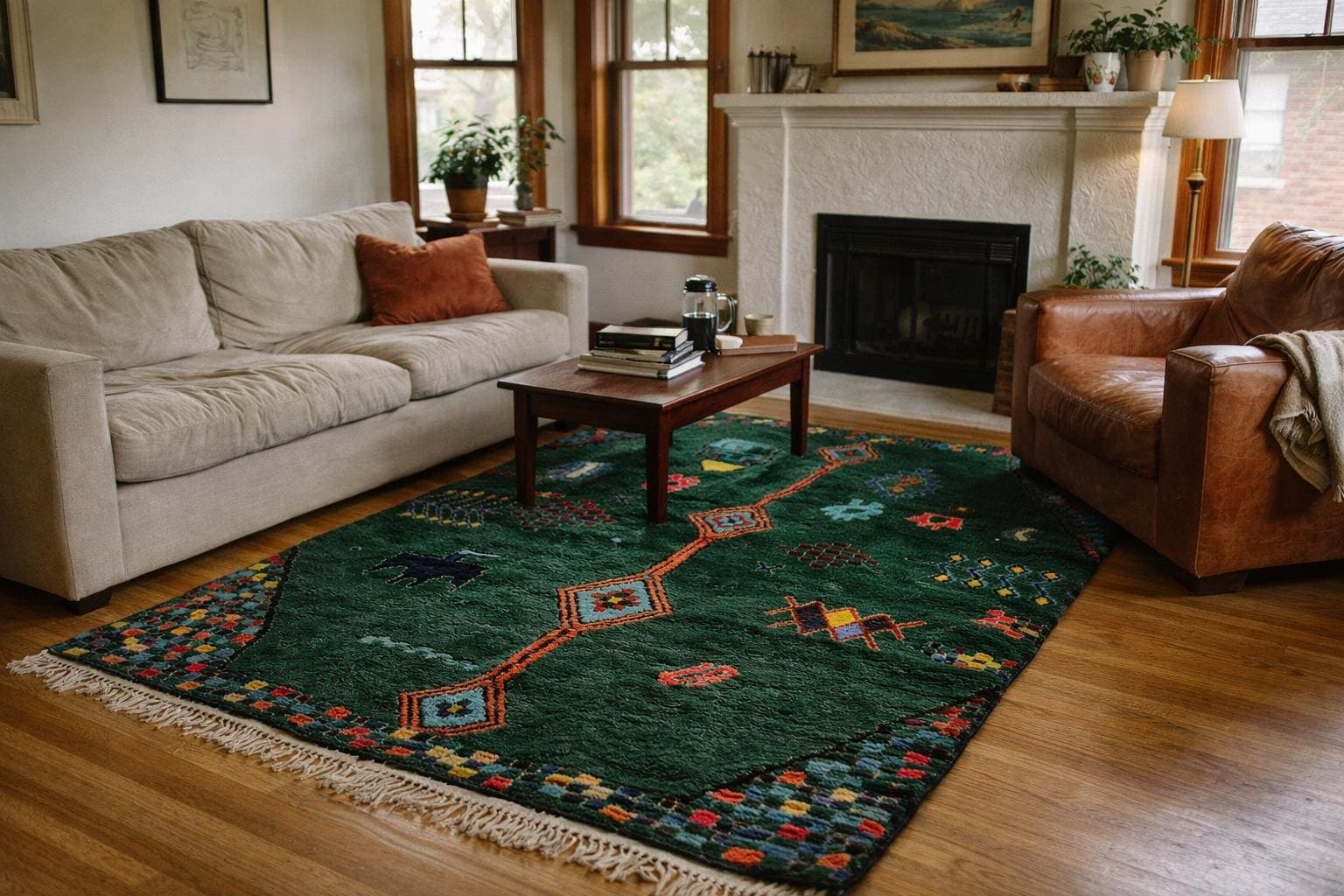 Marokkolainen Matto Boujaad 5x7 Villa Metsänvihreä Monivärinen Tribal Boho Olohuone