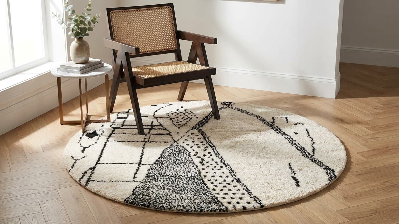 Moroccan Rug Handmade Wool Custom Size - Ivory Black Modern Boho Area Rug for Living Room Bedroom - Azilal