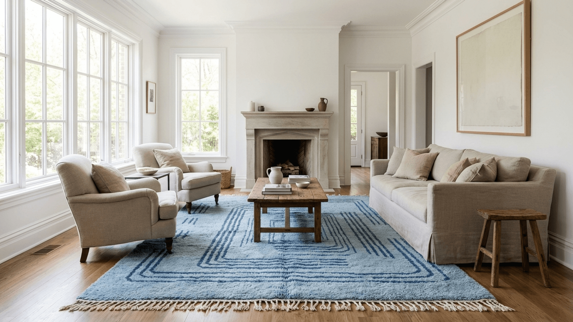 Blue Nested Line Beni Mrirt Rug