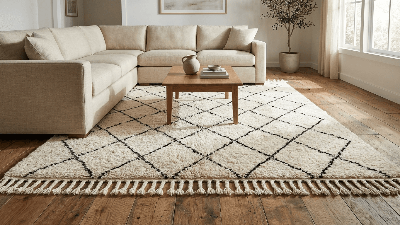 Ivory Tassel Grid Beni Ourain Rug