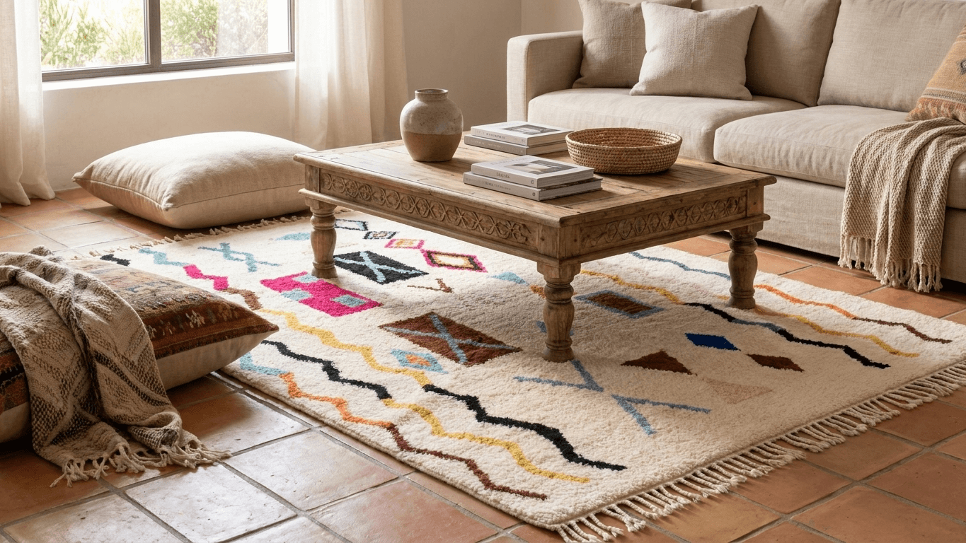 Multicolor Wavy Border Beni Ourain Rug