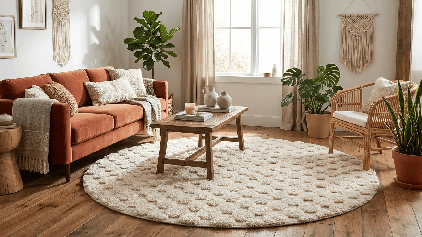 Ivory Textured Round Beni Ourain Rug