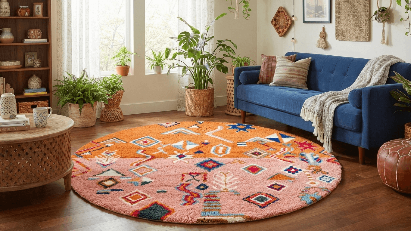 Pink Round Geometric Beni Ourain Rug