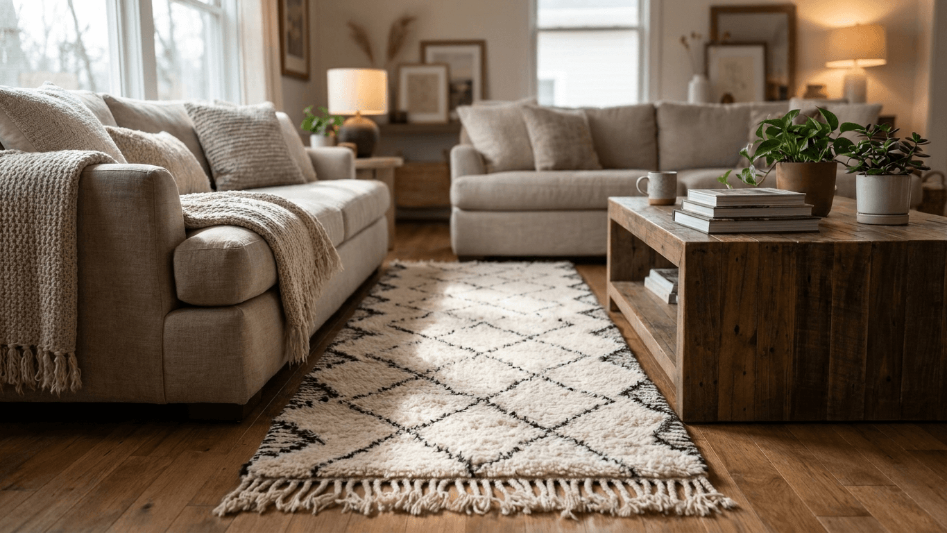 Neutral Geometric Runner Beni Ourain Rug