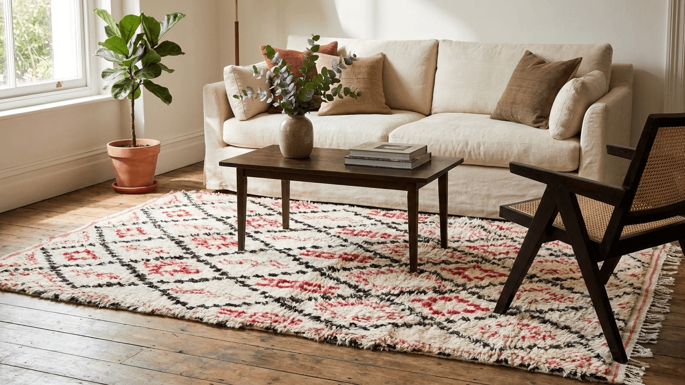 Ivory Red Geometric Beni Ourain Rug