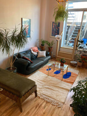 White and Orange Moroccan Rug with Footsteps Design – Image 2