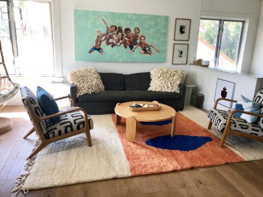 White and Orange Moroccan Rug with Footsteps Design – Image 3