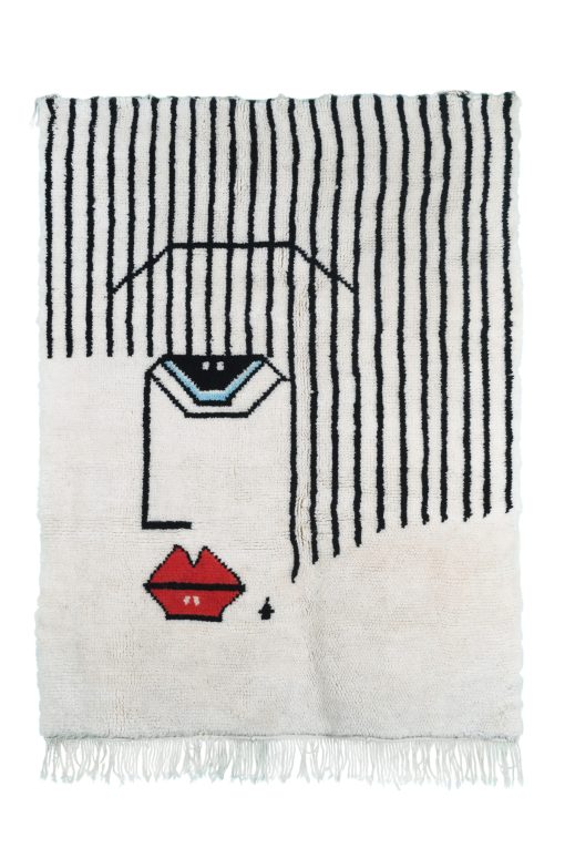 White Modern Moroccan Rug: Abstract Face Design