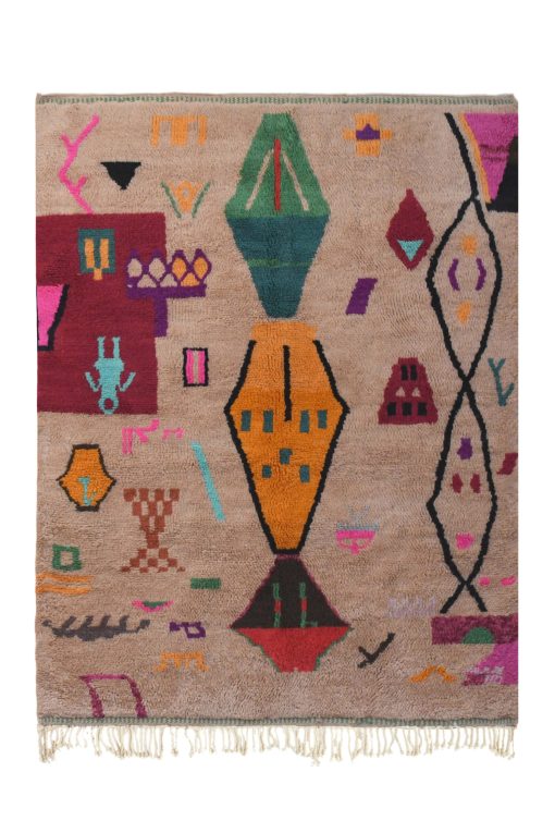 Tan Brown Abstract Multicolored Modern Moroccan Boujaad Rug