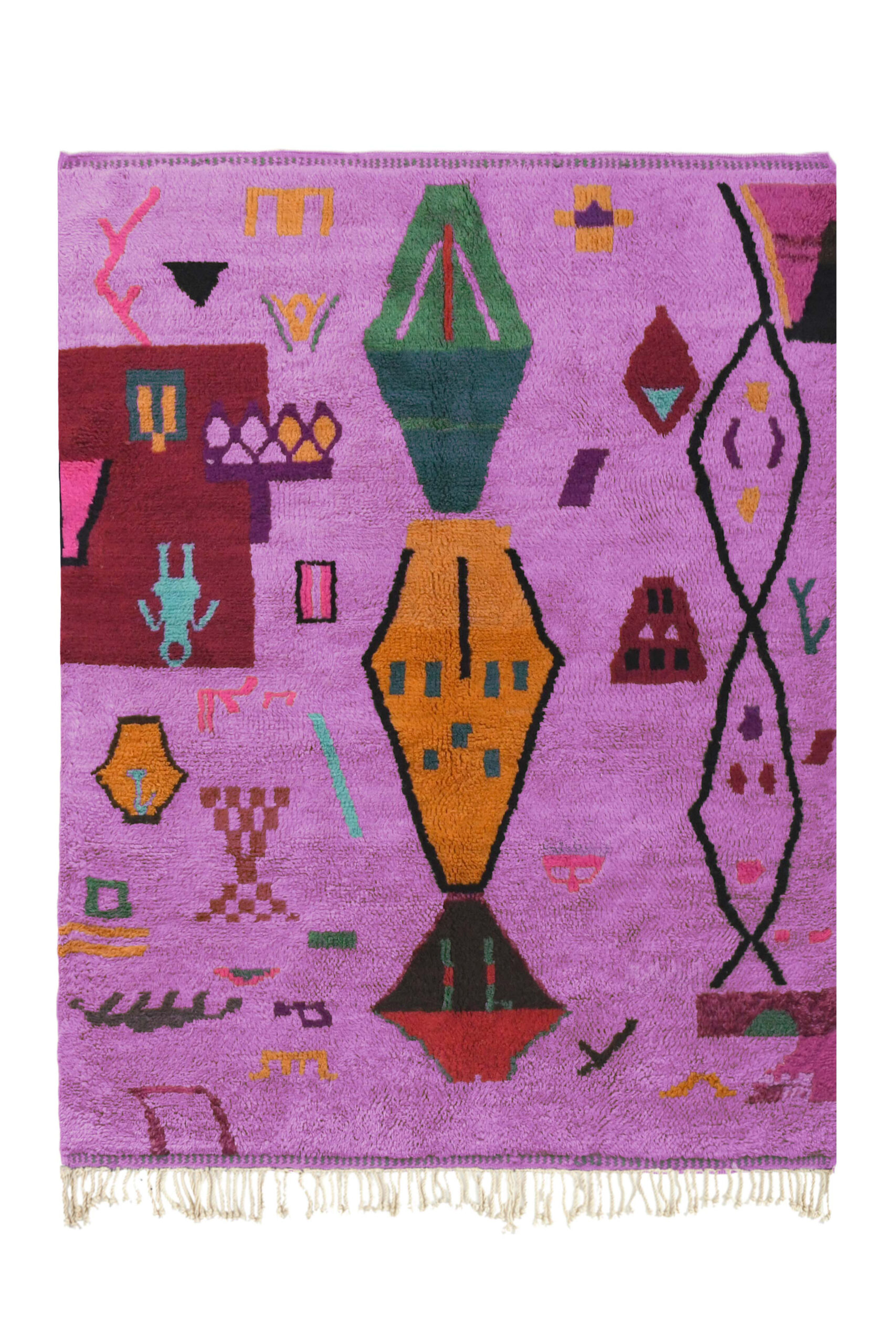 a purple rug with colorful geometric designs. VIN312_PN-92_GR2-97_GR-11_OR-24_PN-35_PN-33_BL-09_BR-302_BR-32_BR-28_PR-19_GY_37_BK-39_01.1
