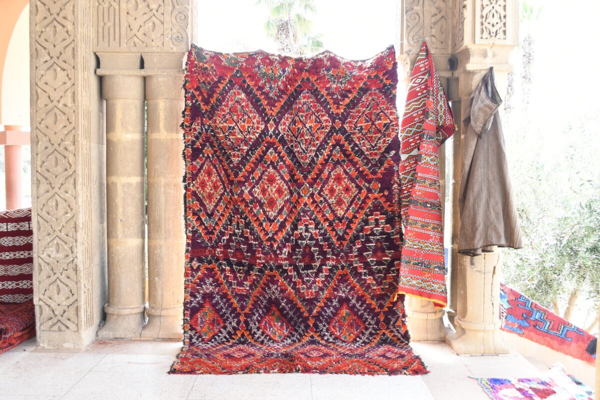 モロッコ ヴィンテージ ラグ レッド×オレンジ 169×116cm チェック柄 キリムスタイル / モロッコ Morocco オールドカーペット