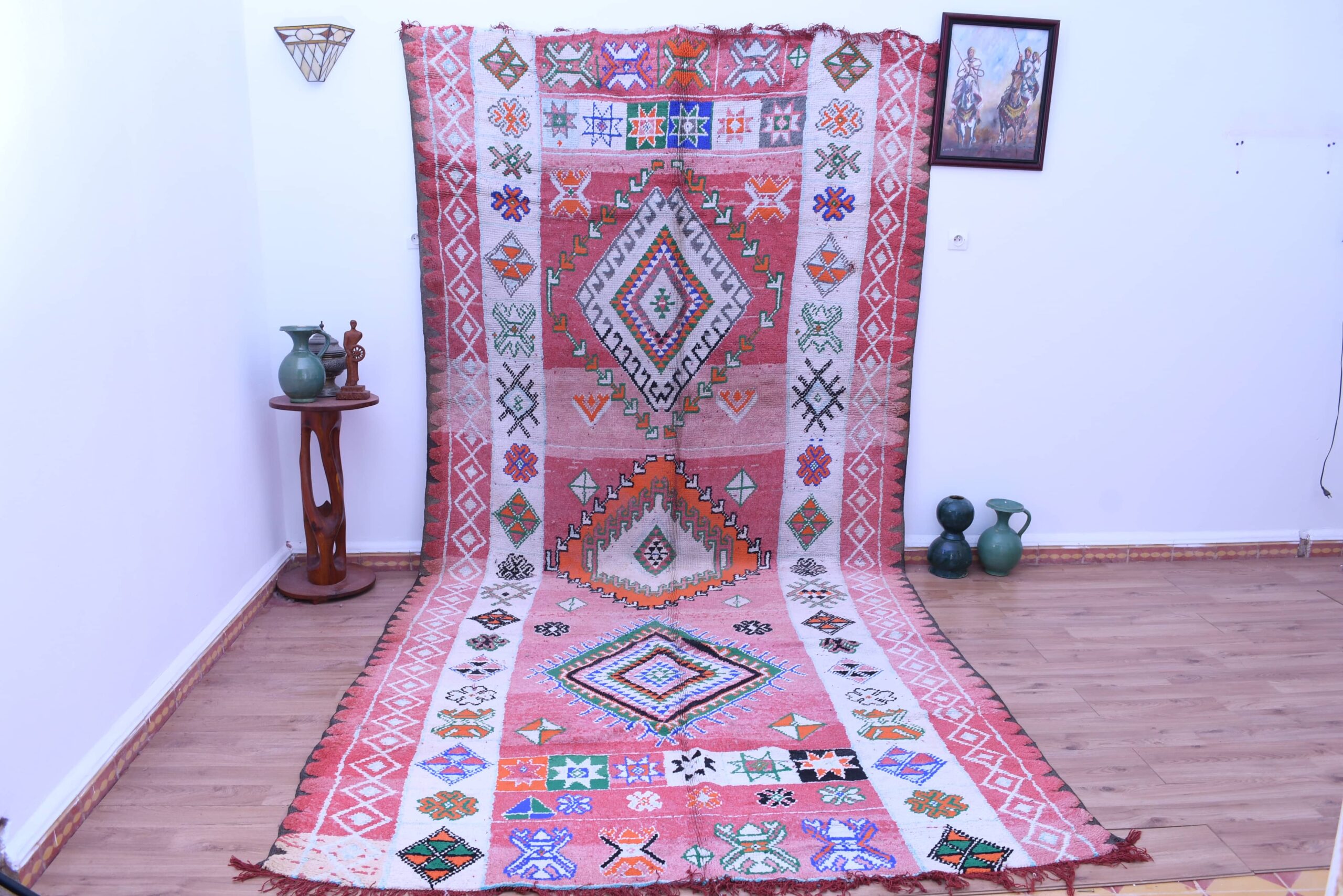 Большой красный марокканский ковер Azilal, шерсть, 196 x 415 см, узор ручной работы в племенном стиле