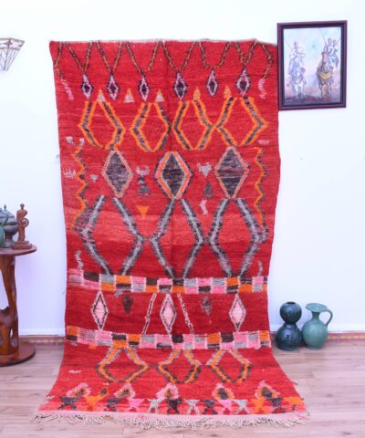 Красный марокканский шерстяной ковер ручной работы Talsint, 142 x 293 см, яркий геометрический рисунок